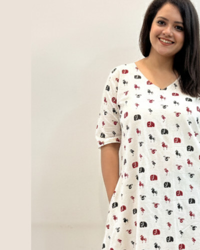 Animal Printed White Pure Cotton Female Indo Western Dress