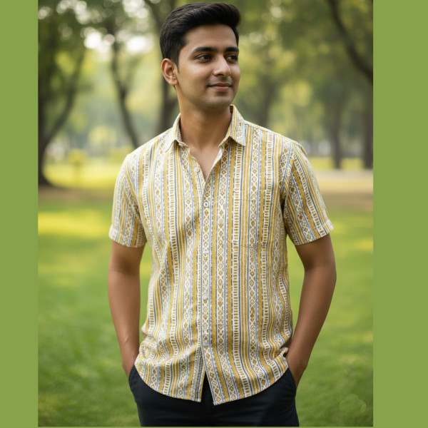 Yellow Lines Pure Cotton Half Sleeve Shirt