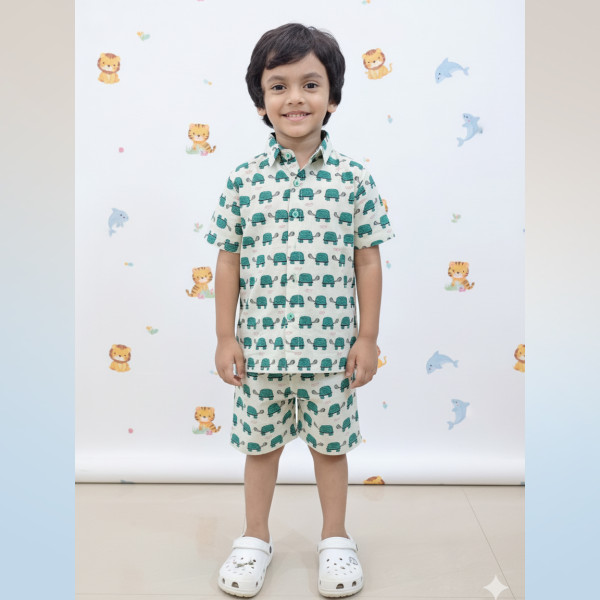 Kids Cotton Half Sleeves Shirt Shorts Set With turtle print Green
