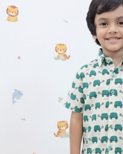 Kids Cotton Half Sleeves Shirt Shorts Set With turtle print Green