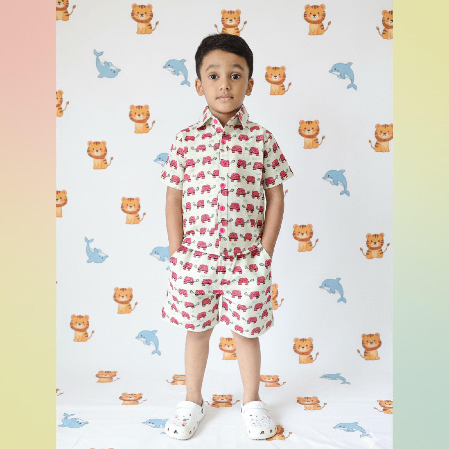 Kids Cotton Half Sleeves Shirt Shorts Set With Turle print pink
