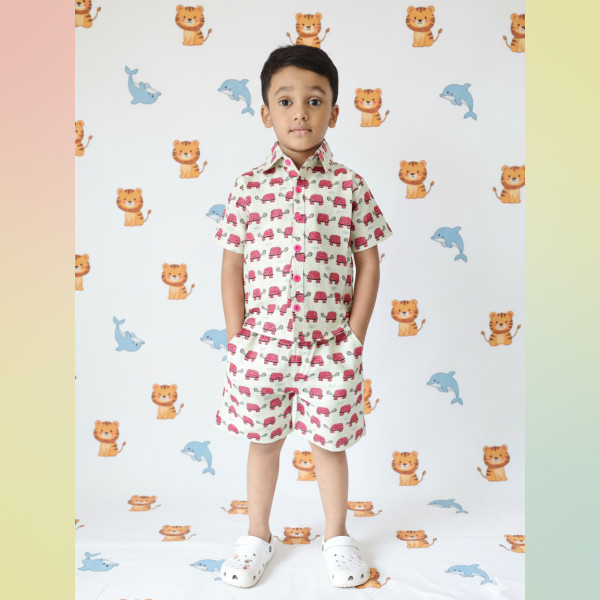 Kids Cotton Half Sleeves Shirt Shorts Set With Turle print pink