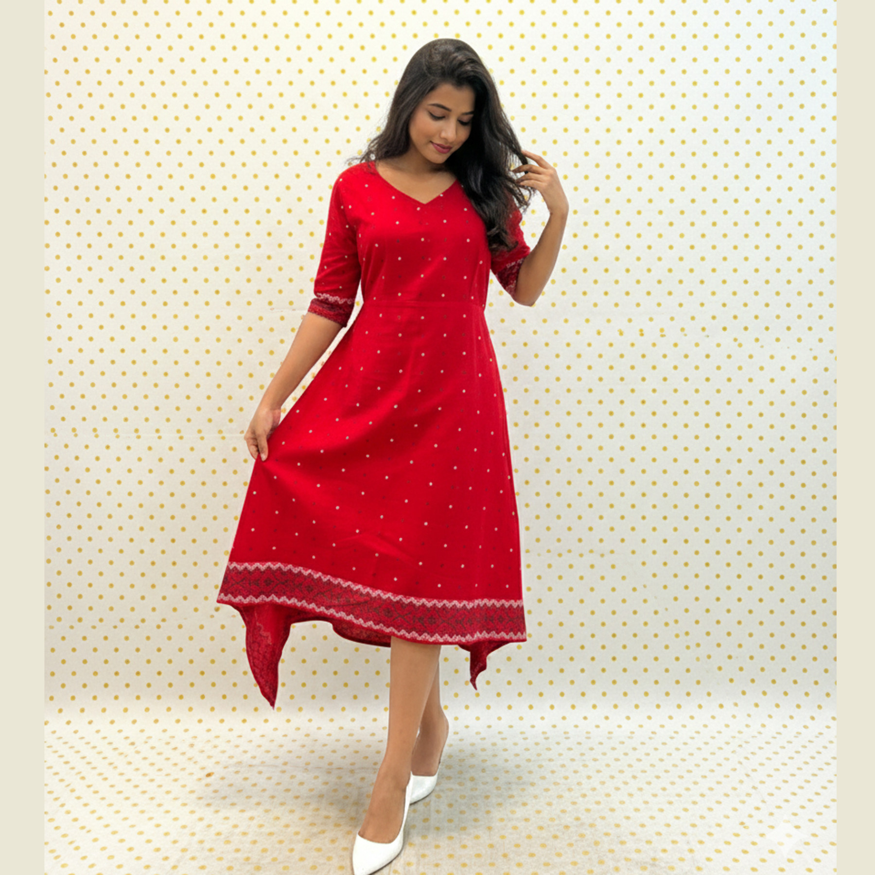Red Pure Cotton Dress For Women