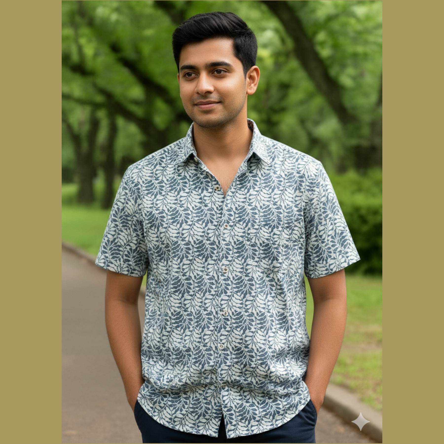 Leaf Motif Pure Cotton Half Sleeve Shirt