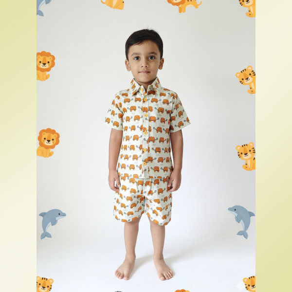 Kids Cotton Half Sleeves Shirt Shorts Set With Turtle print yellow