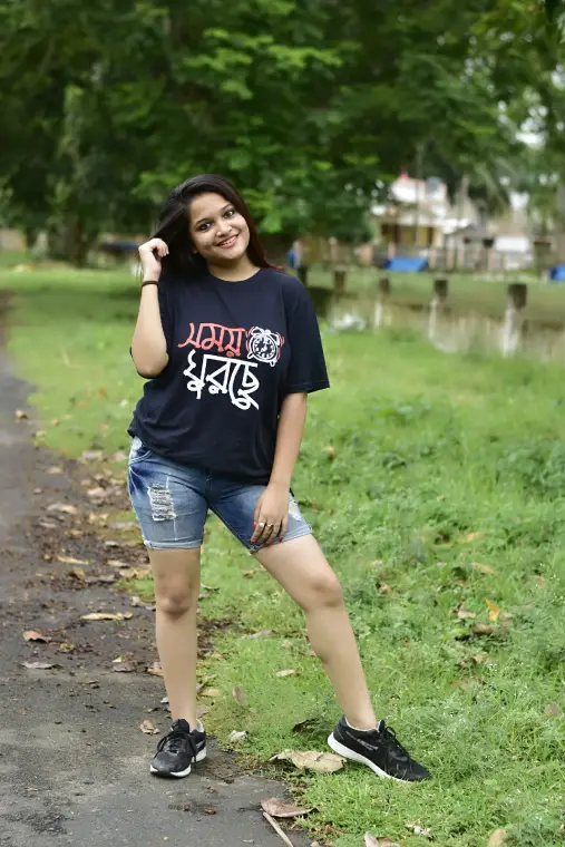 A weRbangali customer wearing a Bengali graphic tee